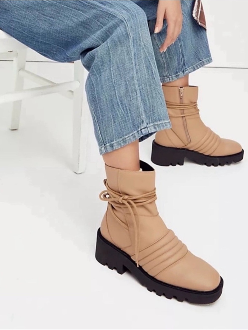 Free People Tori Tan Lug-Sole Ankle Moto Boots with Wrap Tie
